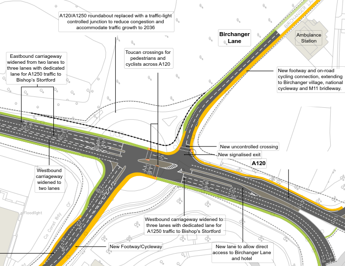 West of M11 Junction 8 / Junction of A120 with A1250 (Dunmow Road) - (Updated 23/01/19)